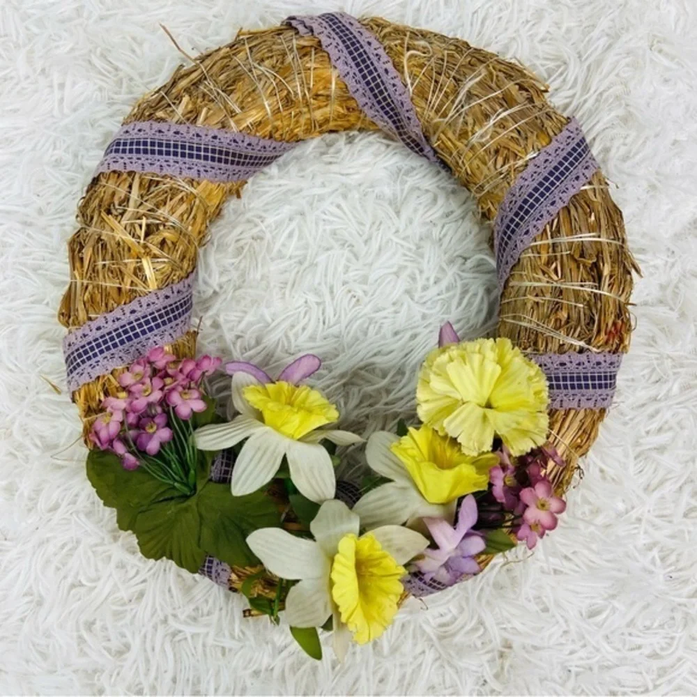UNBRANDED vintage tan wicker rattan flower floral small retro wreath